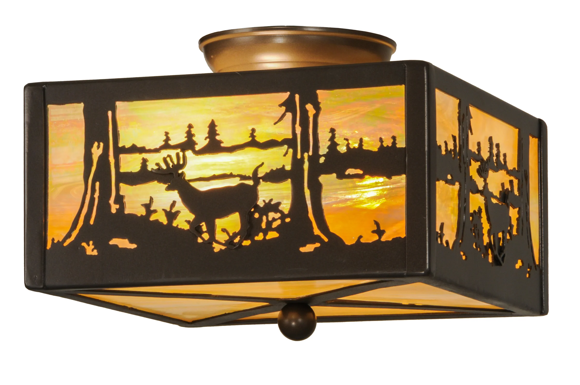 10"Square Timeless Bronze Deer at Lake Flush Mount