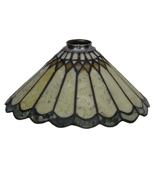 Thinly carved and polished natural Jadestone in earthy tones of Moss Green; Tan and Coral; become luminescent in this charming scalloped edged shade. The stone shade is crafted with the famous Meyda Tiffany copperfoil process used to create stained glass shades.? Pairs well with a base to create a table or floor lamp; or matches with hardware to build a beautiful wall or ceiling fixture. The Carousel Jadestone Shade is featured in our American designed; handcrafted Jadestone Lighting Collection. Each shade is a unique work of art with color variations based on natural ingredients inherent in the Jadestone. Contact us if color matching is critical when ordering multiple items. - alternate view