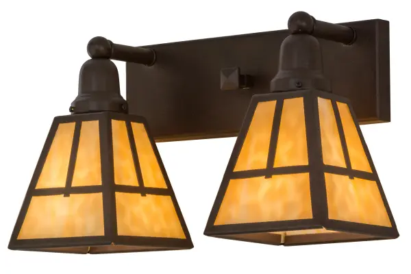 Drawing inspiration from the popular architectural movement from the late 18th and early 19th century Spanish missions in California; this twin-light wall fixture evokes the stylistic revivalism flavor with a minimalist profile and straight line design. Beige art glass shades are complemented with old world hardware that is featured in a stunning Cafe Noir finish. The fixture is perfect for use as a vanity in a bath or as a sconce in hallways and other rooms. Custom crafted in Meyda's manufacturing facility in Yorkville; New York.