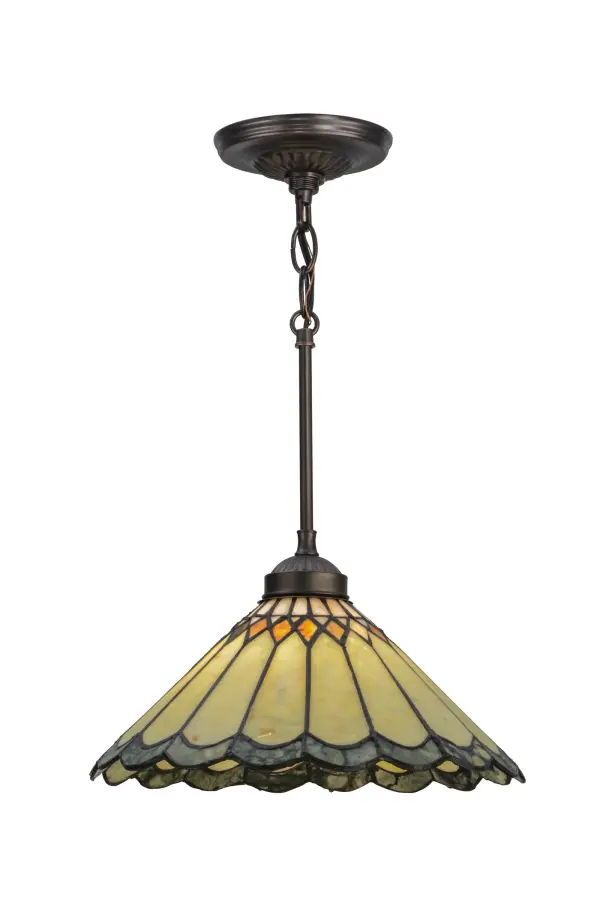 Thinly carved; polished natural Jadestone in earthy tones of Moss Green; Tan; and Coral becomes luminescent in this scalloped-edged shade. The shade is crafted using the famous Meyda Tiffany copperfoil technique; which is typically used to create stained glass shades; and is complemented with a Mahogany Bronze finish. The overall height ranges from 18 to 70 inches; as the suspension rod can be adjusted and assembled in the field using four included tube lengths. The overall height can be adjusted by combining the four stem lengths that are included: 6-inch; 12-inch; 16-inch; and 24-inch; in any combination to achieve the desired drop from the ceiling. The Carousel Jadestone Pendant is featured in our American-designed; handcrafted Jadestone Lighting Collection. UL & cUL listed for dry and damp locations. Each shade is a unique work of art with color variations based on natural ingredients inherent in the Jadestone.