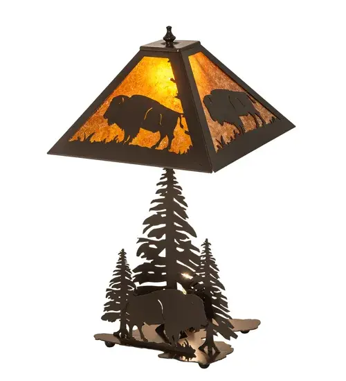 The majestic Buffalo is depicted on this table lamp with pine tree base. Illuminated through Amber mica panels; the fixture has a Timeless Bronze finish and is handcrafted in the USA by Meyda artisans. - alternate view