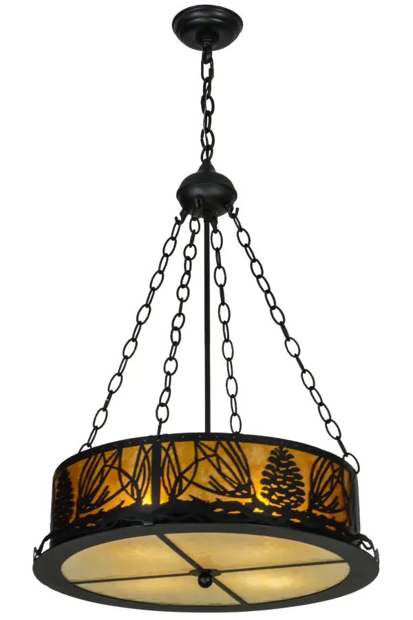 This stunning design features pine needles and the iconic pinecone, one of Mother Nature?s most compelling organic symbol, which is elegant and natural and represents the evolution of human enlightenment. A warm ambient glow emanates from a curved warm Amber Mica shade with a Beige glass diffuser that is complemented with hardware enhanced in a Black finish. Made in the USA. Collection: Mountain Pine Finish: Textured Black Glass: Amber Mica Ba Glass Width: 22.00" Height: 35.00" Length: 22.00" Weight: 15.00 lb Number of Bulbs: 4 Maximum Wattage: 60.00 W Bulb Type: A19 Bulb Base: E26 Material: Steel Country of Origin: USA Safety Listing: Damp Safety Rating: Damp