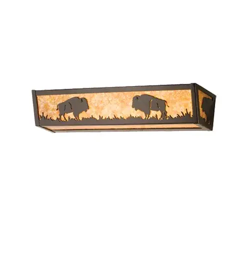 The majestic Buffalo is depicted on this vanity light. Illuminated through Amber mica panels, the fixture has a Timeless Bronze finish and is handcrafted in the USA by Meyda artisans. Collection: Buffalo Finish: Timeless Bronze Glass: Amber Mica Notes: Custom Crafted In Yorkville, New York Please Allow 30 Days Width: 24.00" Height: 4.50" Length: 5.50" Weight: 7.00 lb Extension from Wall: 5.50" Number of Bulbs: 4 Maximum Wattage: 60.00 W Bulb Type: A19 Bulb Base: E26 Material: Steel Country of Origin: USA Safety Listing: Dry Safety Rating: Dry