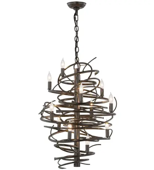 The bold; eye-catching Cyclone simulates whirling winds of energy and gyration with twisting steel that is accentuated with 13 delicately placed beacons to help you weather the storm. The winding mass of steel surrounds a sturdy post; all featured in our Bronze Metallic finish. Make an impressive design statement that will wow guests in lobbies; conference rooms; entryways and other residential and commercial spaces. Handcrafted by highly skilled artisans in our 180;000 square foot manufacturing facility in Yorkville; New York. Available in a wide range of custom choices including various designs; colors; sizes and dimmable energy efficient lamping options such as LED. UL and cUL listed for damp and dry locations. - alternate view