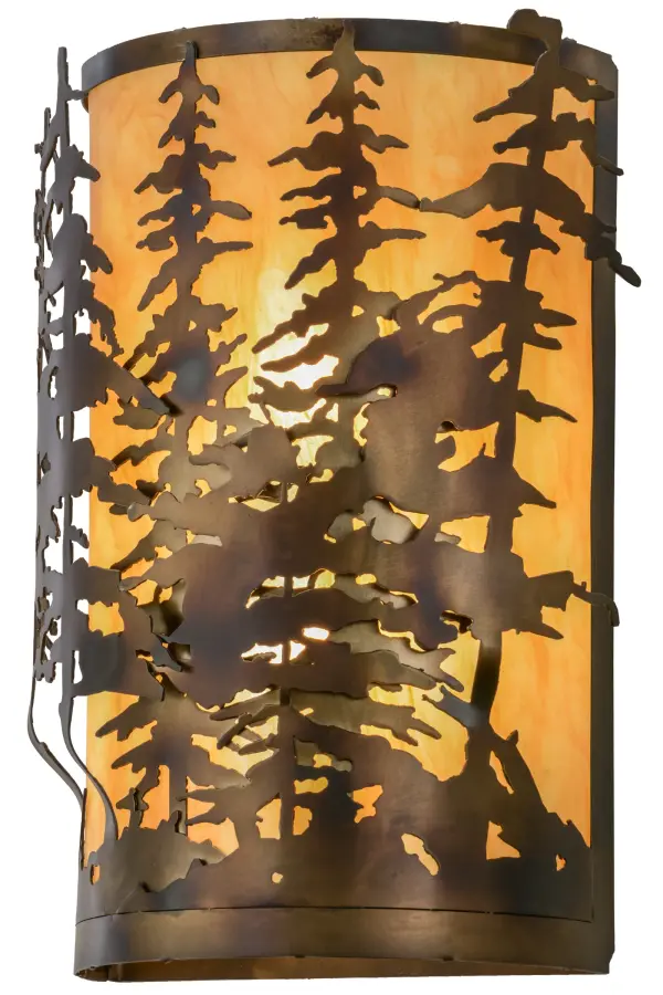 A stunning nature inspired stand of pine trees is depicted in a Dark Burnished Antique Copper finish, on an Ambra Siena Idalight shade. Rustic charm comes alive as soft ambient lighting projects through this wall sconce shade. This fixture is ideal for any room and was handcrafted in the Meyda manufacturing facility, which is located at the foothills of the Adirondack Mountains in upstate New York. Collection: Tall Pines Finish: Dark Burnished Antique Copper Glass: Ambra Siena Idalight Width: 14.00" Height: 20.00" Length: 11.00" Weight: 13.50 lb Extension from Wall: 11.00" Number of Bulbs: 2 Maximum Wattage: 60.00 W Bulb Type: A19 Bulb Base: E26 Material: Steel Country of Origin: USA Safety Listing: Damp Safety Rating: Damp
