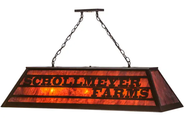 The distinctive Schollmeyer Farms pendant was custom crafted in upstate New York with an oblong Ambra Siena Idalight shade; which is complemented with accents and hardware feature in a Cafe Noir finish. The fixture is ideal for illuminating kitchen islands; counters; dining tables and billiard rooms. UL and cUL listed for dry and damp locations. Lighting fixtures can be custom designed in nearly any color; style or size to meet your exact specifications. Personalized items are shown as examples of our craftsmanship (only.) They are not for sale 'as is' but can be customized to fit your personal needs.