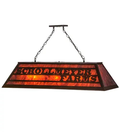 The distinctive Schollmeyer Farms pendant was custom crafted in upstate New York with an oblong Ambra Siena Idalight shade; which is complemented with accents and hardware feature in a Cafe Noir finish. The fixture is ideal for illuminating kitchen islands; counters; dining tables and billiard rooms. UL and cUL listed for dry and damp locations. Lighting fixtures can be custom designed in nearly any color; style or size to meet your exact specifications. Personalized items are shown as examples of our craftsmanship (only.) They are not for sale 'as is' but can be customized to fit your personal needs. - alternate view