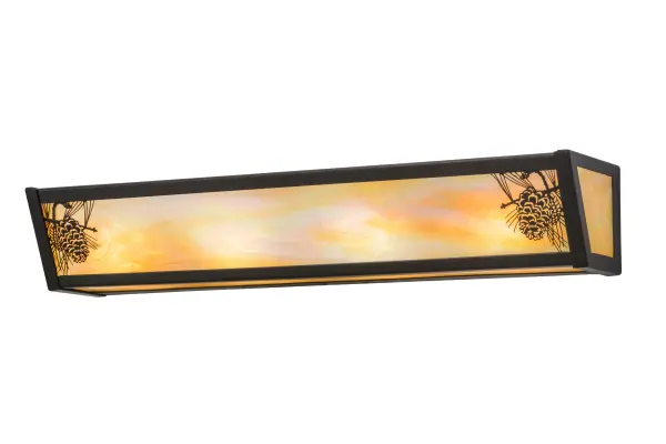 Naturally inspired pinecones and pine needles accent Beige Iridescent glass with a frame and hardware finished in Timeless Bronze. Use as a vanity light in a bath or powder room; or as a wall sconce in corridors.Handcrafted by Meyda artisans at the foothills of the Adirondack Mountains in the USA.