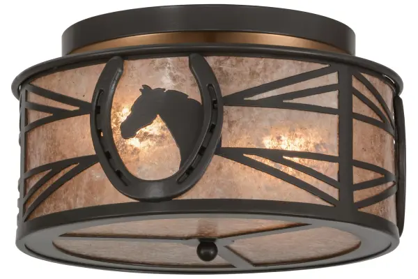 A horse portrait framed with a lucky horseshoe encircles this handsome fixture. Warm ambient light projects through stunning Silver Mica which is accented by a geometric design styled after fencing commonly found on horse stables. Decorative hardware and accents are enhanced in a Timeless Bronze finish. Perfect for game rooms, man caves and equine/equestrian related businesses. Handcrafted by Meyda artisans in the USA. Custom sizes, styles and colors available. Energy efficient options offered. Collection: Horseshoe Finish: Timeless Bronze Glass: Silver Mica Width: 14.50" Height: 8.00" Length: 14.50" Weight: 8.50 lb Number of Bulbs: 2 Maximum Wattage: 60.00 W Bulb Type: A19 Bulb Base: E26 Material: Steel Country of Origin: USA Safety Listing: Damp Safety Rating: Damp