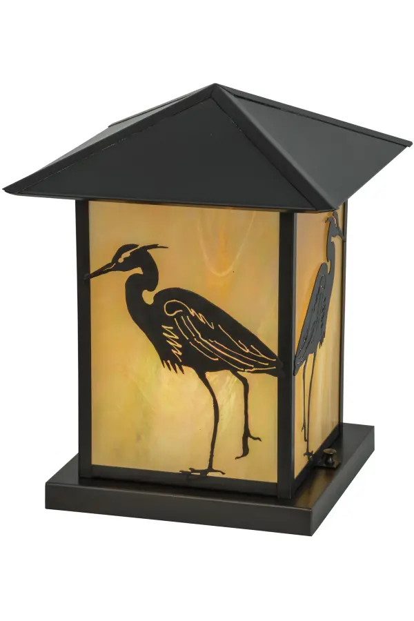 Delicately etched of Solid Brass, this Heron styled fixture is perfect for interior and exterior lighting applications. The long s-shaped neck and long-legged wading bird profile are depicted on the Beige Iridescent Glass shade of this Craftsman Brown finished lantern. Inspired by the Arts and Crafts Movement, this Pier Light is mounted to a square-shaped post or column while providing beautiful ambient lighting in the Great outdoors. The Seneca Heron Pier Mount is featured in our American-designed, handmade Craftsman Signature Series. Manufactured in Yorkville, New York. UL and cUL listed for dry, damp, and wet locations. Collection: Seneca Finish: Craftsman Brown Glass: Beige Iridescent Glass Width: 17.00" Height: 15.00" Length: 12.00" Weight: 10.00 lb Extension from Wall: 3.00" Number of Bulbs: 1 Maximum Wattage: 60.00 W Bulb Type: A19 Bulb Base: E26 Material: Brass Country of Origin: USA Safety Listing: Wet Safety Rating: Wet