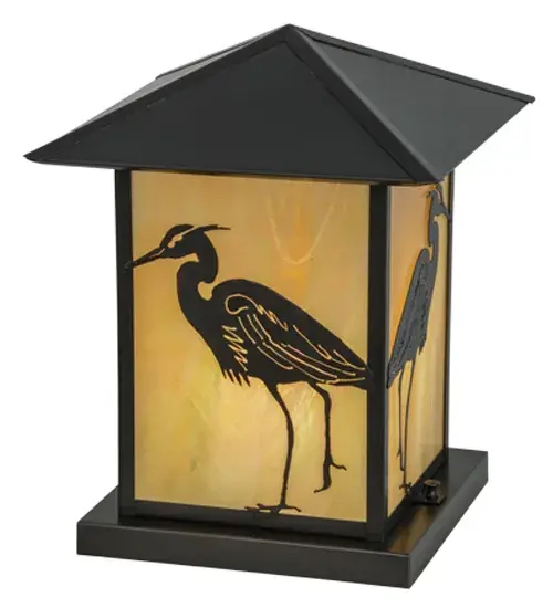 Delicately etched of Solid Brass, this Heron styled fixture is perfect for interior and exterior lighting applications. The long s-shaped neck and long-legged wading bird profile are depicted on the Beige Iridescent Glass shade of this Craftsman Brown finished lantern. Inspired by the Arts and Crafts Movement, this Pier Light is mounted to a square-shaped post or column while providing beautiful ambient lighting in the Great outdoors. The Seneca Heron Pier Mount is featured in our American-designed, handmade Craftsman Signature Series. Manufactured in Yorkville, New York. UL and cUL listed for dry, damp, and wet locations. Collection: Seneca Finish: Craftsman Brown Glass: Beige Iridescent Glass Width: 17.00" Height: 15.00" Length: 12.00" Weight: 10.00 lb Extension from Wall: 3.00" Number of Bulbs: 1 Maximum Wattage: 60.00 W Bulb Type: A19 Bulb Base: E26 Material: Brass Country of Origin: USA Safety Listing: Wet Safety Rating: Wet - alternate view