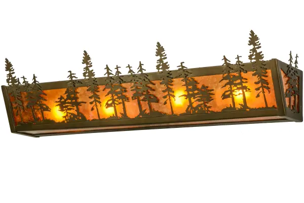 A nature inspired stand of Tall Pines is depicted on a background of Amber Mica and enhanced with a frame and hardware finished in Antique Copper. Warm soft ambient light is projected beautifully through this fixture. Ideal as a vanity light in a bath or powder room, and as a wall sconce in corridors, this fixture is handcrafted in the Meyda manufacturing facility, which is located at the foothills of the Adirondack Mountains. Collection: Tall Pines Finish: Antique Copper Glass: Amber Mica Width: 30.50" Height: 7.00" Length: 7.00" Weight: 7.00 lb Extension from Wall: 7.00" Number of Bulbs: 4 Maximum Wattage: 60.00 W Bulb Type: A19 Bulb Base: E26 Material: Steel Country of Origin: USA Safety Listing: Damp Safety Rating: Damp