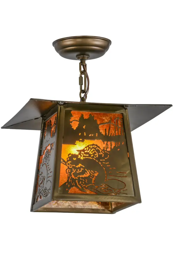 An ingenious builder that orchestrates megalith dams; the industrial Beaver is working by a woodland lake as the morning sun rises in the background of the stunning Amber Mica lantern; that is complemented with an Antique Copper finish. Just as it can change the flow of an entire river with its structures; this Beaver reminds us that we can change the course of life by following our dreams. The fixture is custom crafted by Meyda artisans in Upstate New York; at the foothills of the Adirondack Mountain lakes.