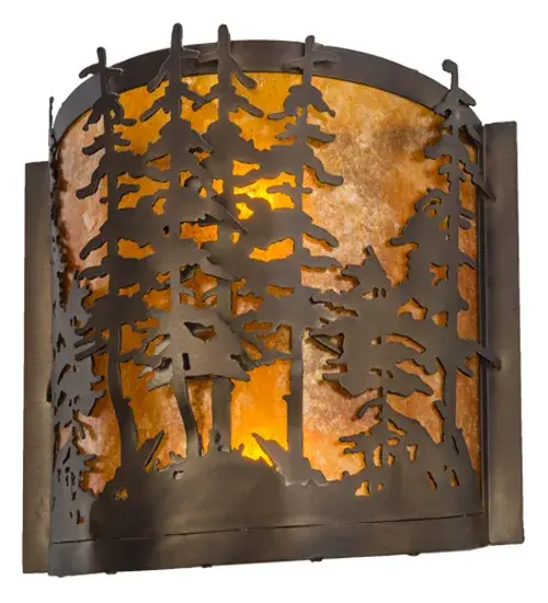 A stunning nature inspired stand of Tall Pines is depicted while the morning sun rises in the background. Warm soft ambient light is diffused beautifully through Amber Mica that is complemented with the Antique Copper finished accents and frame. This fixture is handcrafted in the Meyda manufacturing facility at the foothills of the Adirondack Mountains in the USA. Custom styles, designs and sizes are offered. Energy efficient lamping options are available. Collection: Tall Pines Finish: Antique Copper Glass: Amber Mica Width: 12.00" Height: 12.50" Length: 6.00" Weight: 3.50 lb Extension from Wall: 6.00" Number of Bulbs: 2 Maximum Wattage: 60.00 W Bulb Type: A19 Bulb Base: E26 Material: Steel Country of Origin: USA Safety Listing: Damp Safety Rating: Damp - alternate view