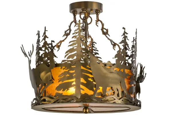 The call of the wild comes to light with a Deer; Wolf; Moose and Bear roaming through the woodlands as the afternoon sun sets in the background; Beautiful ambient light shines through an Amber Mica lens and diffuser while the shade is enhanced with accents and hardware finished in Antique Copper. Custom crafted by Meyda expert artisans in its manufacturing facility; at the foothills of New York's glorious Adirondack Mountains.