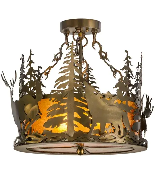 The call of the wild comes to light with a Deer; Wolf; Moose and Bear roaming through the woodlands as the afternoon sun sets in the background; Beautiful ambient light shines through an Amber Mica lens and diffuser while the shade is enhanced with accents and hardware finished in Antique Copper. Custom crafted by Meyda expert artisans in its manufacturing facility; at the foothills of New York's glorious Adirondack Mountains. - alternate view
