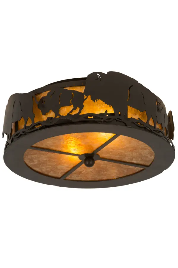 The majestic Buffalo is depicted on this flushmount. Illuminated through Amber mica panels, the fixture has a Timeless Bronze finish and is handcrafted in the USA by Meyda artisans. Collection: Buffalo Finish: Timeless Bronze Glass: Amber Mica Width: 16.00" Height: 6.50" Length: 16.00" Weight: 8.00 lb Extension from Wall: 6.50" Number of Bulbs: 2 Maximum Wattage: 60.00 W Bulb Type: A19 Bulb Base: E26 Material: Steel Country of Origin: USA Safety Listing: Damp Safety Rating: Damp