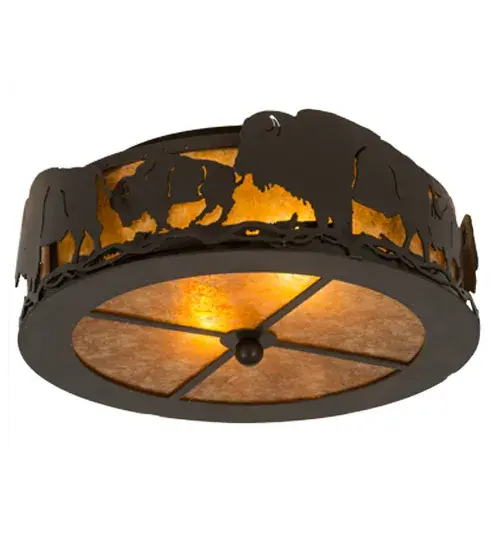 The majestic Buffalo is depicted on this flushmount. Illuminated through Amber mica panels, the fixture has a Timeless Bronze finish and is handcrafted in the USA by Meyda artisans. Collection: Buffalo Finish: Timeless Bronze Glass: Amber Mica Width: 16.00" Height: 6.50" Length: 16.00" Weight: 8.00 lb Extension from Wall: 6.50" Number of Bulbs: 2 Maximum Wattage: 60.00 W Bulb Type: A19 Bulb Base: E26 Material: Steel Country of Origin: USA Safety Listing: Damp Safety Rating: Damp - alternate view
