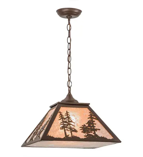 A nature inspired stand of Tall Pines is depicted while the morning sun rises in the background. Warm soft ambient light is projected beautifully through Silver Mica panels and a bottom diffuser, and complemented with Cafe Noir finished accents and frame. Handcrafted by highly skilled artisans in our 180,000 square foot manufacturing facility in Yorkville, New York at the foothills of the Adirondack Mountains. Custom colors, styles and sizes are available. Dimmable energy efficient lamping options. UL and cUL listed for dry, damp and wet locations. Collection: Tall Pines Finish: Cafe Noir Glass: Silver Mica Width: 22.00" Height: 15.00" Length: 16.00" Weight: 9.00 lb Number of Bulbs: 1 Maximum Wattage: 60.00 W Bulb Type: A19 Bulb Base: E26 Material: Steel Country of Origin: USA Safety Listing: Damp Safety Rating: Damp - alternate view