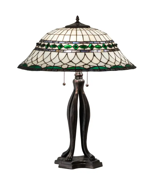 Emerald-colored jewels and Multi colored granite glass bands accent this stunning Bone Beige art glass reproduction of a famous Louis Comfort Tiffany design. The Tiffany Roman shade is inspired by Italian art and architecture and handcrafted of authentic stained glass using the famous Meyda Tiffany copperfoil construction method. The table lamp features a base finished in a hand applied Mahogany Bronze. UL and cUL listed for dry locations.