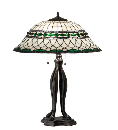 Emerald-colored jewels and Multi colored granite glass bands accent this stunning Bone Beige art glass reproduction of a famous Louis Comfort Tiffany design. The Tiffany Roman shade is inspired by Italian art and architecture and handcrafted of authentic stained glass using the famous Meyda Tiffany copperfoil construction method. The table lamp features a base finished in a hand applied Mahogany Bronze. UL and cUL listed for dry locations. - alternate view