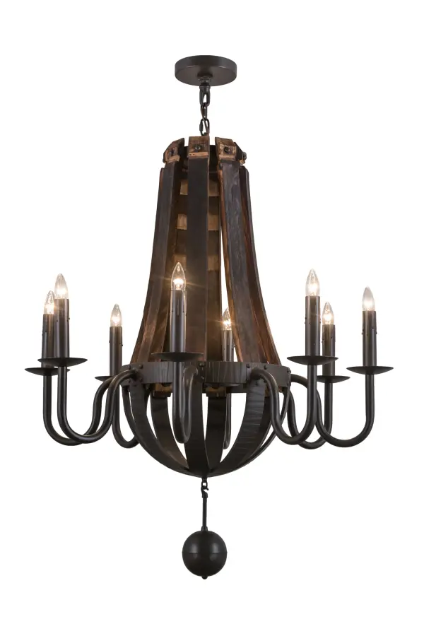 A rich charm greets an authentic elegance suited for a variety of fine homes; and commercial spaces. This captivating lighting design was inspired by antique wooden staves traditionally bound by wooden hoops in the construction of beer and whisky barrels and wine casks. Charred Wooden Staves highlight a Timeless Bronze finished steel frame with curvedarms that support eight bobeches accented with faux candles on its perimeter. The chandelier is perfect for lobbies; foyers; banquet rooms and reception areas. Custom crafted by Meyda artisans in our manufacturing facility upstate New York; this fixture is available in custom colors; styles; sizes and dimmable energy efficient lamping options. UL and cUL Listed.