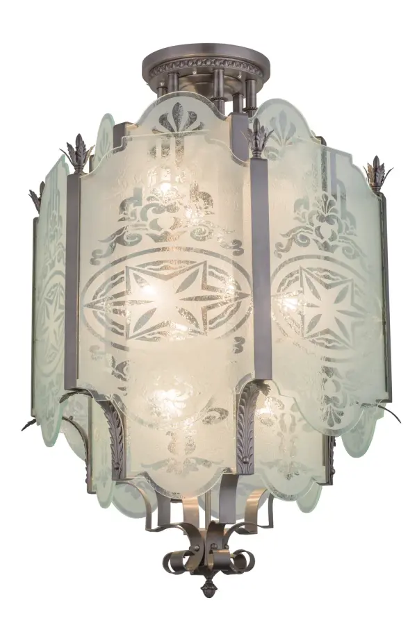 This upscale ceiling pendant features a dramatic, inspirational profile and elaborate design. This elegant lighting fixture is custom-crafted with a luxurious Etched Glass shade cast in-house, using decades of glassworking experience to achieve the exact specifications of the customer's design team. It provides an authentic Art Deco look to complement any room or space. Authentic Antique Nickel finished hardware and accents make this piece a timeless treasure. This stunning wall fixture is perfect for placement in corridors and dining areas in residences and houses of worship from Newport, Rhode Island, to Boca Raton, Florida, to Salt Lake City, Utah. The Chartres Pendant is featured in our American-made, American-designed, handcrafted Art Deco Lighting Collection and manufactured in Yorkville, New York. UL and cUL listed for dry and damp locations. Collection: Chartres Finish: Antique Nickel Glass: Clear Textured Glass Width: 36.00" Height: 48.00" Length: 36.00" Weight: 165.00 lb Extension from Wall: 25.00" Number of Bulbs: 12 Maximum Wattage: 60.00 W Bulb Type: A19 Bulb Base: E26 Material: Brass Country of Origin: USA Safety Listing: Damp Safety Rating: Damp