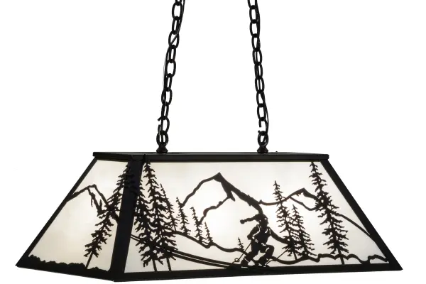 A winter skier slaloms down the slopes during an epic skiing event with tall pine trees in the background. Warm ambient lighting is diffused beautifully through White art glass, which is enhanced by a frame and hardware finished in Black. This fixture is perfect as a pendant over islands, counters, dining and billiard tables where you want to make a design statement, whether it is located in a lodge, resort, retailer, home or camp. The fixture is handcrafted in the Meyda manufacturing facility, located at the foothills of the Adirondack Mountains, not far from Lake Placid, home of the 1932 and1980 Winter Olympics. Collection: Alpine Finish: Textured Black Glass: White Glass Width: 17.00" Height: 19.50" Length: 33.00" Weight: 27.00 lb Extension from Wall: 17.00" Number of Bulbs: 6 Maximum Wattage: 60.00 W Bulb Type: A19 Bulb Base: E26 Material: Steel Country of Origin: USA Safety Listing: Damp Safety Rating: Damp