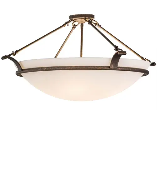 Bring a stunning transitional look into your home or commercial space with this Almeria ceiling fixture. Designed with a lovely Statuario Idalight diffuser; this 32-inch wide ceiling fixture is enhanced with hardware and a uniquely designed frame featuring a warm Gilded Tobacco finish. This fixture is handcrafted in the USA. Custom styles; sizes and designs are available. Dimmable energy efficient lamping options are available. The fixture is UL and cUL listed for damp and dry locations.