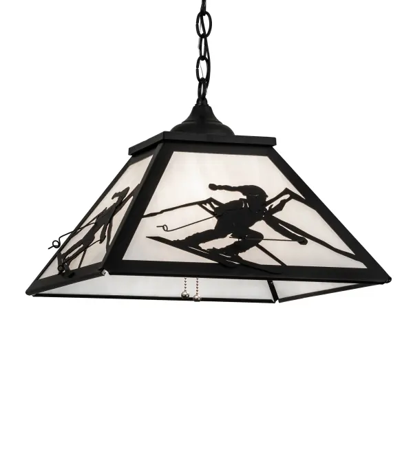 A skier slaloms down a wintery mountain of powder and pines on this pendant. The fixture is finished in Black; has White glass panels; and is handcrafted in the USA by Meyda artisans. "