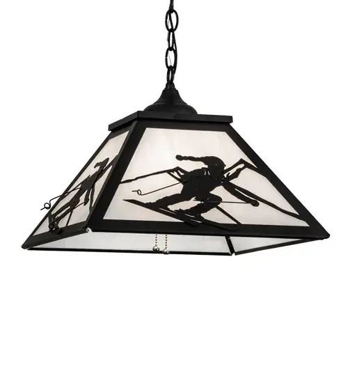 A skier slaloms down a wintery mountain of powder and pines on this pendant. The fixture is finished in Black; has White glass panels; and is handcrafted in the USA by Meyda artisans. " - alternate view