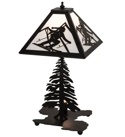 Winter skiers float through a fresh 6-plus inches of snow to find their Nirvana. Slalom racers carve aggressively around the tightly placed gates. Imagine your chalet adorned with the Alpine themed; made to order line of fixtures. This table lamp features a White art glass shade complemented with decorative accents and a Pine Tree base in a Textured Black finish. A 3-section switch lights up the shade; base or both. Shade colors; metal finishes and artwork profiles can be customized to your preference. Handcrafted in our 180;000 square foot manufacturing facility in Yorkville; New York located at the foothills of the Adirondack Mountains; not far from Lake Placid; home of the 1932 and 1980 Winter Olympics. UL & cUL listed for dry locations. - alternate view