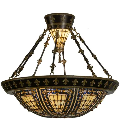 Reminiscent of castle and cathedral stained glass; the Fleur-de-lis holds a prominent place in French Heraldry. An intricate design of Blue; Gray and Purple tile mosaics are surrounded by Honey art glass fleurs with Amber glass jewels. Detailed hardware; accented with Golden fleurs hand finished in Copper Vein with Nu Gold accents; cradle the stained glass shade. The shade is handcrafted utilizing Meyda Tiffany's famous copperfoil construction process.
