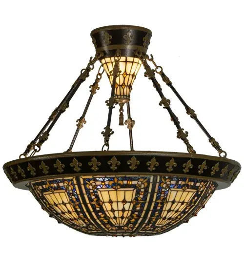 Reminiscent of castle and cathedral stained glass; the Fleur-de-lis holds a prominent place in French Heraldry. An intricate design of Blue; Gray and Purple tile mosaics are surrounded by Honey art glass fleurs with Amber glass jewels. Detailed hardware; accented with Golden fleurs hand finished in Copper Vein with Nu Gold accents; cradle the stained glass shade. The shade is handcrafted utilizing Meyda Tiffany's famous copperfoil construction process. - alternate view