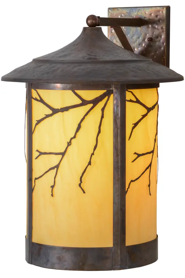 Delicately etched of Solid Brass, graceful Pine Branches adorn a stunning Tawnyrock Idalight lens on this nature inspired lighting fixture. Highlighted with a cylindrical profile that is featured in a Hammered Vintage Copper finish, this Craftsman Signature lantern is perfect for indoor and outdoor lighting applications and handmade by Meyda artisans in the USA, at the foothills of the Adirondack Mountains. Custom styles, colors and sizes are available, as well as dimmable energy efficient lamping options. Collection: Fulton Finish: Vintage Copper Glass: Tawnyrock Idalight Width: 16.00" Height: 23.50" Length: 20.00" Weight: 12.00 lb Extension from Wall: 20.00" Number of Bulbs: 1 Maximum Wattage: 60.00 W Bulb Type: A19 Bulb Base: E26 Material: Steel Country of Origin: USA Safety Listing: Wet Safety Rating: Wet
