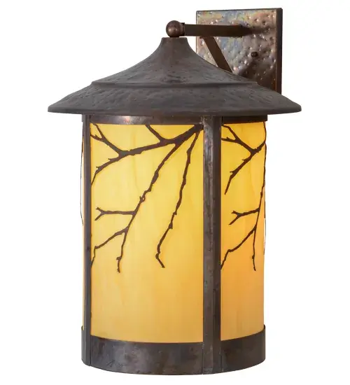 Delicately etched of Solid Brass, graceful Pine Branches adorn a stunning Tawnyrock Idalight lens on this nature inspired lighting fixture. Highlighted with a cylindrical profile that is featured in a Hammered Vintage Copper finish, this Craftsman Signature lantern is perfect for indoor and outdoor lighting applications and handmade by Meyda artisans in the USA, at the foothills of the Adirondack Mountains. Custom styles, colors and sizes are available, as well as dimmable energy efficient lamping options. Collection: Fulton Finish: Vintage Copper Glass: Tawnyrock Idalight Width: 16.00" Height: 23.50" Length: 20.00" Weight: 12.00 lb Extension from Wall: 20.00" Number of Bulbs: 1 Maximum Wattage: 60.00 W Bulb Type: A19 Bulb Base: E26 Material: Steel Country of Origin: USA Safety Listing: Wet Safety Rating: Wet - alternate view