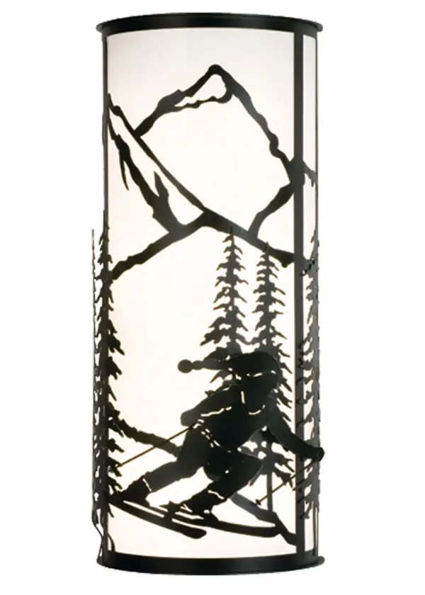A winter skier slaloms down a snow covered mountain with Pine Trees on this wall sconce. The fixture is finished in Black; has White glass panels; and is handcrafted in the USA by highly skilled artisans. Custom colors; styles; sizes and dimmable energy efficient lamping options such as LED are available. The sconce is UL and cUL listed for dry and damp locations.