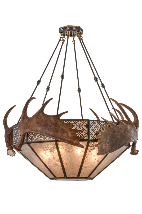 Naturally Shed Antlers accent the border of this Silver Mica diffuser which features a geometric stylized cross-patterned trim complemented with hardware finished in Dark Burnished Antique Copper. The fixture is handcrafted by Meyda artisans in Upstate New York at the foothills of the magnificent Adirondack Mountains. Custom sizes; styles and colors are available; as well as dimmable energy efficient lamping options.