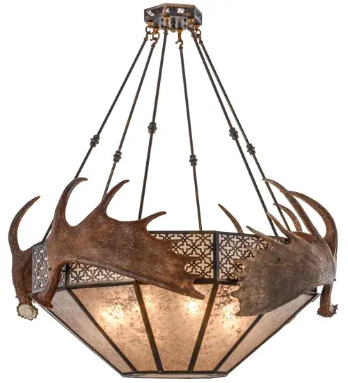 Naturally Shed Antlers accent the border of this Silver Mica diffuser which features a geometric stylized cross-patterned trim complemented with hardware finished in Dark Burnished Antique Copper. The fixture is handcrafted by Meyda artisans in Upstate New York at the foothills of the magnificent Adirondack Mountains. Custom sizes; styles and colors are available; as well as dimmable energy efficient lamping options. - alternate view