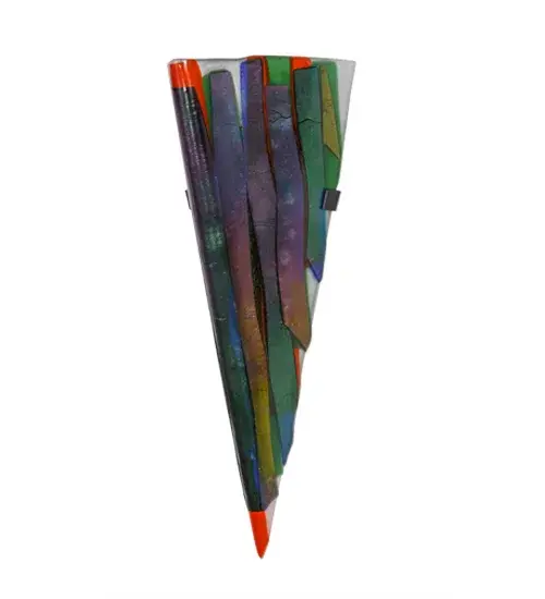 Hot high fired glass is transformed into a cool abstract lighting design that blends the lustrous feathers of a peacock. Striking fused glass defines an extraordinary V sconce comprising strips of Iridescent Purple, Iridescent Green, Amber and Gray fused glass in a unique Bas Relief motif. The fixture is ideal for foyers, corridors and other interiors in homes, resorts, hotels and restaurants. Custom crafted by Meyda artisans in the USA. Collection: Metro Fusion Finish: Black Metal Glass: Fused Glass Width: 8.00" Height: 19.00" Length: 6.50" Weight: 4.50 lb Extension from Wall: 6.50" Number of Bulbs: 2 Maximum Wattage: 60.00 W Bulb Type: B10 Bulb Base: E12 Material: Steel Country of Origin: USA Safety Listing: Damp Safety Rating: Damp - alternate view