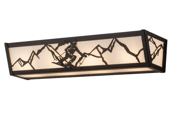 A winter skier slaloms down the slopes during an epic skiing event with a mountain range in the background. Beautiful ambient lighting is diffused through White art glass, which is enhanced by a frame and hardware featured in a Textured Black finish. This fixture is perfect as a vanity light in a bath or a sconce in hallways, entryways, lobbies and foyers. The fixture is handcrafted in the Meyda manufacturing facility, located at the foothills of the Adirondack Mountains, not far from Lake Placid which is home of the 1932 and 1980 Winter Olympics. Custom designs, sizes and styles are available, as well as energy efficient lamping options. This fixture is UL and cUL listed for damp and dry locations. Collection: Alpine Finish: Textured Black Glass: White Art Glass Width: 24.00" Height: 4.50" Length: 5.50" Weight: 7.50 lb Extension from Wall: 5.50" Number of Bulbs: 4 Maximum Wattage: 60.00 W Bulb Type: A19 Bulb Base: E26 Material: Steel Country of Origin: USA Safety Listing: Damp Safety Rating: Damp