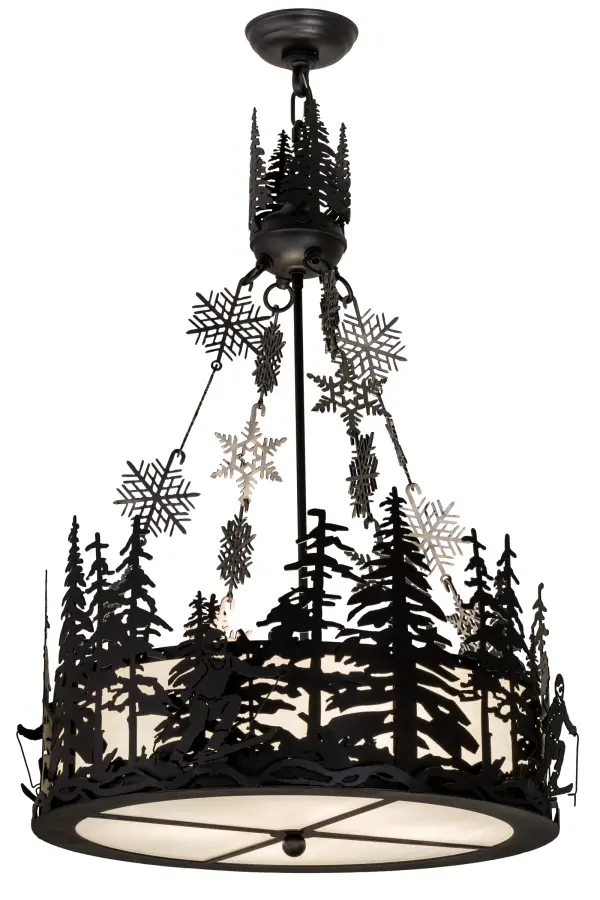A winter skier slaloms down the slopes during an epic skiing event with tall pine trees in the background. Beautiful ambient lighting is diffused through White art glass, which is enhanced by decorative accents and hardware featured in a Textured Black and Raw Steel finish. This fixture is perfect as a pendant in nearly any room where you want to make a design statement whether it is located in a lodge, resort, retailer, home or camp. Handcrafted in the Meyda manufacturing facility, located at the foothills of the Adirondack Mountains, not far from Lake Placid, home of the 1932 and 1980 Winter Olympics. Custom sizes, colors, styles and dimmable lamping options are available. UL and cUL listed for damp and dry locations. Collection: Alpine Finish: Textured Black & Steel Glass: White Art Glass Width: 22.00" Height: 37.00" Length: 22.00" Weight: 28.00 lb Number of Bulbs: 4 Maximum Wattage: 60.00 W Bulb Type: A19 Bulb Base: E26 Material: Steel Country of Origin: USA Safety Listing: Damp Safety Rating: Damp