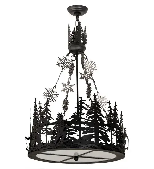 A winter skier slaloms down the slopes during an epic skiing event with tall pine trees in the background. Beautiful ambient lighting is diffused through White art glass, which is enhanced by decorative accents and hardware featured in a Textured Black and Raw Steel finish. This fixture is perfect as a pendant in nearly any room where you want to make a design statement whether it is located in a lodge, resort, retailer, home or camp. Handcrafted in the Meyda manufacturing facility, located at the foothills of the Adirondack Mountains, not far from Lake Placid, home of the 1932 and 1980 Winter Olympics. Custom sizes, colors, styles and dimmable lamping options are available. UL and cUL listed for damp and dry locations. Collection: Alpine Finish: Textured Black & Steel Glass: White Art Glass Width: 22.00" Height: 37.00" Length: 22.00" Weight: 28.00 lb Number of Bulbs: 4 Maximum Wattage: 60.00 W Bulb Type: A19 Bulb Base: E26 Material: Steel Country of Origin: USA Safety Listing: Damp Safety Rating: Damp - alternate view