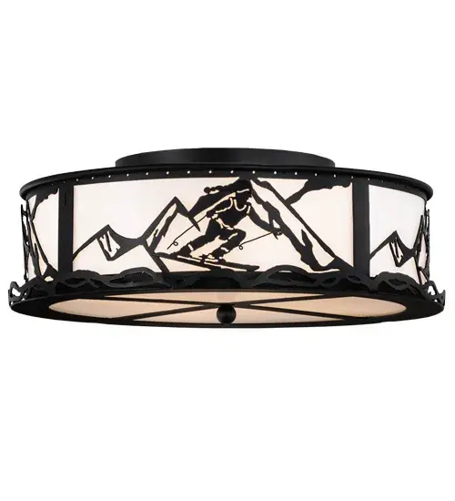 A winter Skier slaloms down the slopes during an epic skiing event as warm ambient light diffused beautifully through Statuario Idalight; which is enhanced by a frame and hardware finished in Black. This dramatic fixture will add excitement as the perfect complement to a ceiling fixture in nearly any hallway or room where you want to make a design statement; whether it is located in a lodge; resort; retailer; home or camp. The flushmount is handcrafted in the Meyda manufacturing facility; located at the foothills of the Adirondack Mountains; not far from Lake Placid; home of the 1932 and 1980 Winter Olympics. Customize shade colors; metal finishes and fixture sizes. UL and cUL listed for dry and damp locations. - alternate view