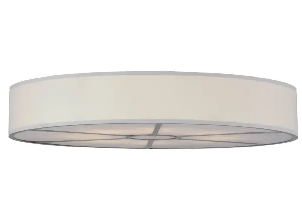 Designed for a clean architectural look specified in today's modern interiors, this transitional fixture is designed with pristine White Textrene fabric and a Whitestone Idalight bottom diffuser. The hardware is featured in a Nickel finish. The pendant is ideal for illuminating a conference room, foyer, lobby and other large spaces. Handcrafted by highly skilled artisans in our 180,000 square foot manufacturing facility in Yorkville, New York, this pendant is available in a wide range of custom choices including various designs, colors, sizes and dimmable energy efficient lamping options such as LED. This fixture is UL and cUL listed for damp and dry locations. Collection: Cilindro Finish: Nickel Glass: White Textrene Width: 48.00" Height: 8.00" Length: 48.00" Weight: 40.00 lb Number of Bulbs: 8 Maximum Wattage: 15.00 W Bulb Type: A19 Bulb Base: E26 Light Source: LED Material: Steel Country of Origin: USA Safety Listing: Damp Safety Rating: Damp LED