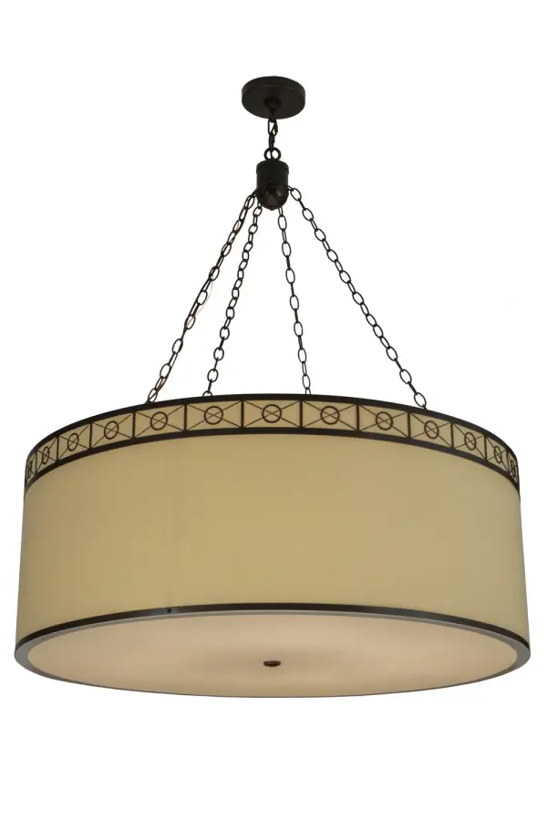 Designed with a stunning, round profile that fits into a broad range of residential and commercial environments, this striking pendant defines a distinctive aesthetic. The Cream Textrene shade features Circle X accents and a Statuario Idalight bottom diffuser which are enhanced with hardware offered in a Timeless Bronze finish. The pendant illuminates with customer supplied LEDs for energy savings and long life. Handcrafted in the USA, this fixture is available in custom colors, styles and sizes, as well as dimmable lamping options. The pendant is UL and cUL listed for damp and dry locations. Collection: Cilindro Finish: Timeless Bronze Glass: Cream Textrene Width: 42.00" Height: 52.50" Length: 42.00" Weight: 44.00 lb Number of Bulbs: 8 Maximum Wattage: 60.00 W Bulb Type: A19 Bulb Base: E26 Material: Steel Country of Origin: USA Safety Listing: Damp Safety Rating: Damp
