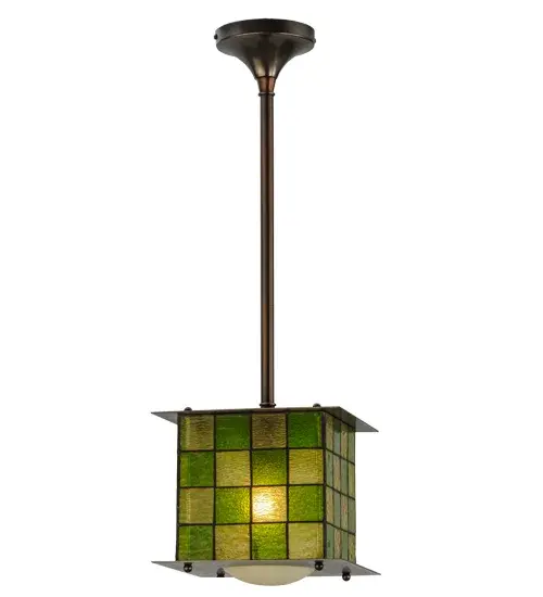 A hot new twist to an American tradition; this modern Tiffany style mini pendant in Sunlight and Kelp; textured stained glass; is designed to go with new decorating trends. To complete the look we finished the hardware in a warm Mahogany Bronze. A Meyda Tiffany Original design.