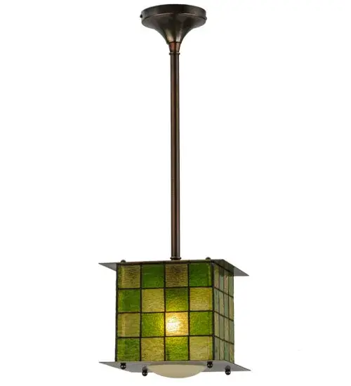 A hot new twist to an American tradition; this modern Tiffany style mini pendant in Sunlight and Kelp; textured stained glass; is designed to go with new decorating trends. To complete the look we finished the hardware in a warm Mahogany Bronze. A Meyda Tiffany Original design. - alternate view
