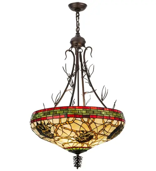The Pinecone Pendant received the 2020 Platinum ADEX Award for Architectural and Design Excellence. This stunning design features the iconic Pinecone; one of Mother Nature's most compelling organic symbols; which offers a natural elegance and represents the evolution of human enlightenment. Burgundy and Leafy Green bands edge this woodland shade that highlights Light Brown pinecones and Golden Sun branches on a Beige stained glass shade. The art glass shade; which is created using Meyda Tiffany's famous copperfoil construction process; is enhanced with hardware finished in Mahogany Bronze and accented with matching pine needles. The overall height ranges from 40 to 70 inches as the chain length can be easily adjusted in the field to accommodate your specific lighting application needs. UL and cUL listed for dry and damp locations. - alternate view