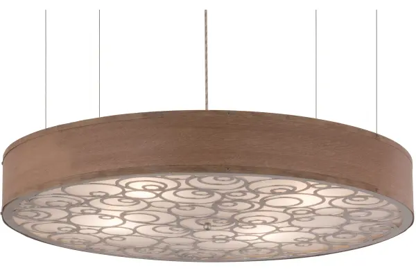 Like a fine piece of furniture; this sculpted pendant captures the warmth of relaxation and serenity to enhance modern living. The ring; as if from trees shaped by years of growth with the north winds pushing gently at their spine; features an Oak Loft laminate veneer with a lower diffuser which is highlighted with an elaborate spiral Nickel finished design on Crystal Idalight. The fixture is custom crafted by skillful artisans in our 180;000 square foot manufacturing facility in Yorkville; New York. Custom sizes; styles; colors and dimmable energy efficient lamping options are available. The pendant is UL and cUL listed for dry and damp locations.